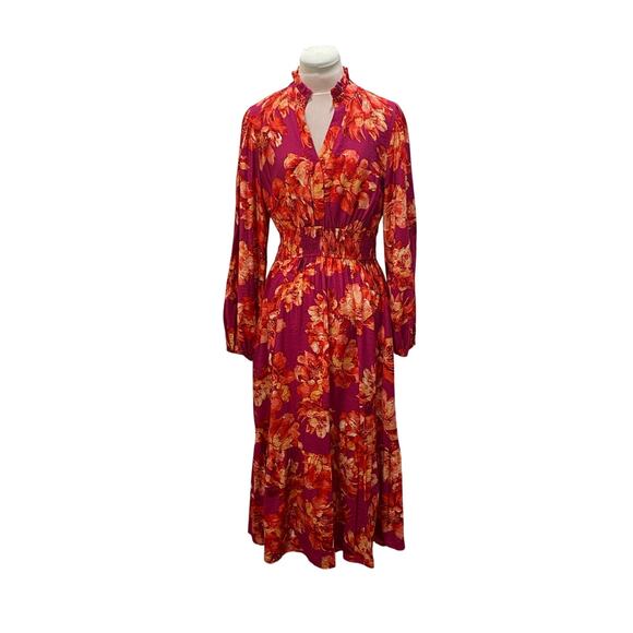 NWT ODDY Flirty Floral Ruffle Neck Midi Dress MEDIUM Flowy Balloon Sleeves NEW - Picture 2 of 8